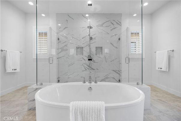 Bathroom, Free Standing Baths, Glass Shower, Interior, Marble, Marble Walls, Recessed Lighting