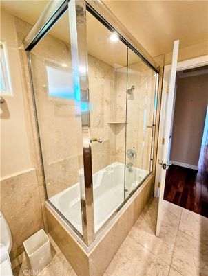 Bathroom, Glass Shower, Interior, Recessed Lighting, Wood Texture Flooring