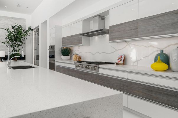 Interior, Kitchen, Marble Walls, Recessed Lighting, Stainless Steel Appliances