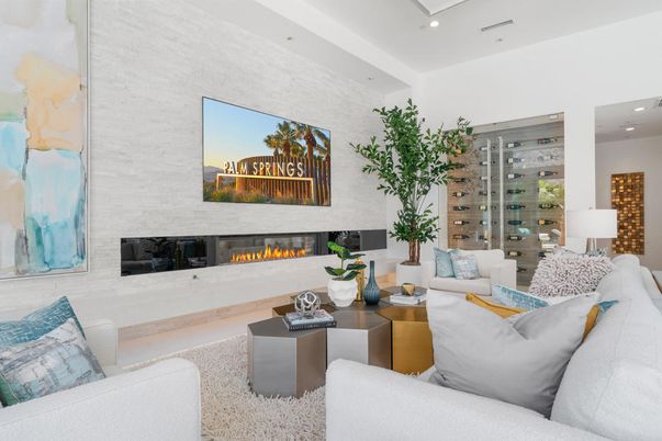 Fireplace, Interior, Living room, Recessed Lighting, Wine Storage