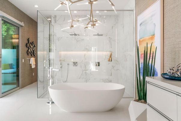 Bathroom, Free Standing Baths, Glass Shower, Interior, Marble Walls, Pendant Lights, Recessed Lighting