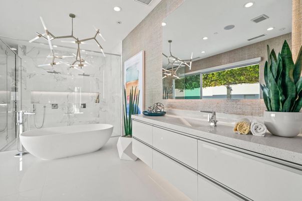 Bathroom, Free Standing Baths, Glass Shower, Interior, Marble Walls, Pendant Lights, Recessed Lighting