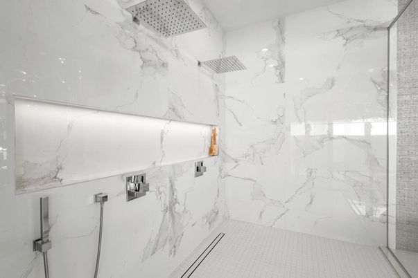Bathroom, Glass Shower, Interior, Marble Walls
