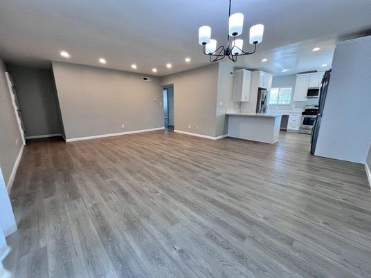 Chandelier, Empty room, Interior, Kitchen, Recessed Lighting, Wood Texture Flooring