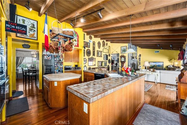 Interior, Kitchen, Living room, Pendant Lights, Tile Countertops, Wooden Beams, Wooden Ceilings, Wood Texture Flooring