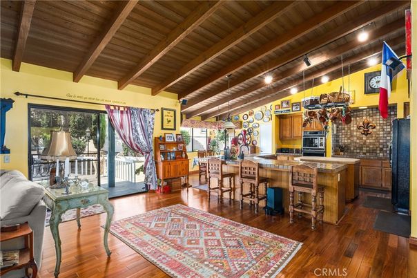 Dining room, Interior, Kitchen, Recessed Lighting, Stone Walls, Wooden Beams, Wooden Ceilings, Wood Texture Flooring
