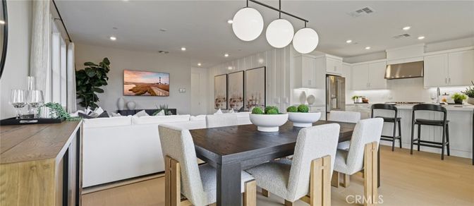 Dining room, Interior, Kitchen, Living room, Pendant Lights, Recessed Lighting, Stainless Steel Appliances, Wood Texture Flooring
