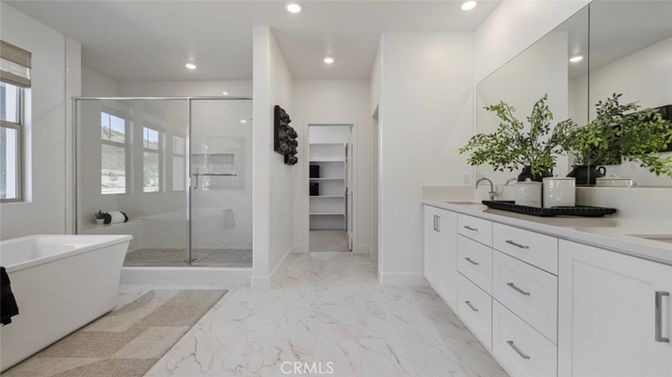 Bathroom, Dual Sink Vanities, Free Standing Baths, Glass Shower, Interior, Marble, Recessed Lighting