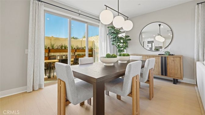 Dining room, Interior, Pendant Lights, Wood Texture Flooring