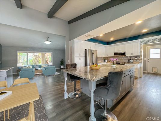 Interior, Kitchen, Living room, Recessed Lighting, Stainless Steel Appliances, Wooden Beams, Wood Texture Flooring