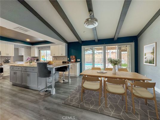 Dining room, Interior, Kitchen, Recessed Lighting, Wooden Beams, Wood Texture Flooring