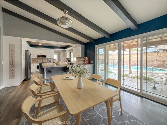 Dining room, Interior, Kitchen, Recessed Lighting, Stainless Steel Appliances, Wooden Beams, Wood Texture Flooring