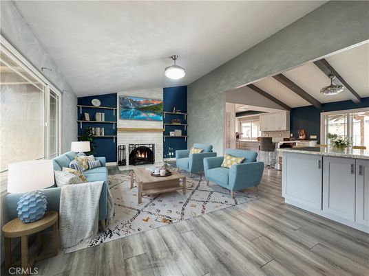 Fireplace, Interior, Kitchen, Living room, Pendant Lights, Wood Texture Flooring
