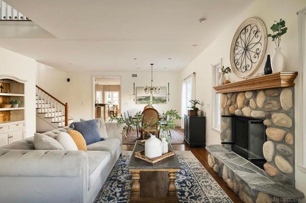 Dining room, Fireplace, Interior, Living room, Pendant Lights, Wood Texture Flooring