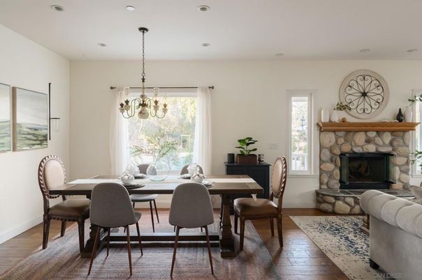 Chandelier, Dining room, Fireplace, Interior, Recessed Lighting, Wood Texture Flooring