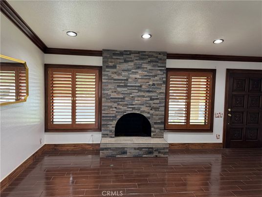 Empty room, Fireplace, Interior, Recessed Lighting, Wood Texture Flooring