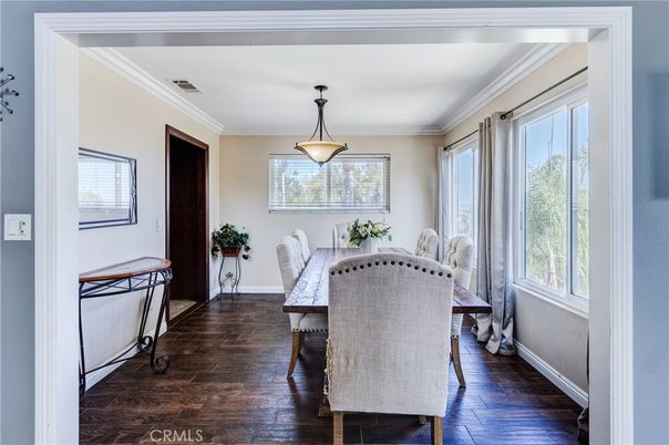 Dining room, Interior, Pendant Lights, Wood Texture Flooring