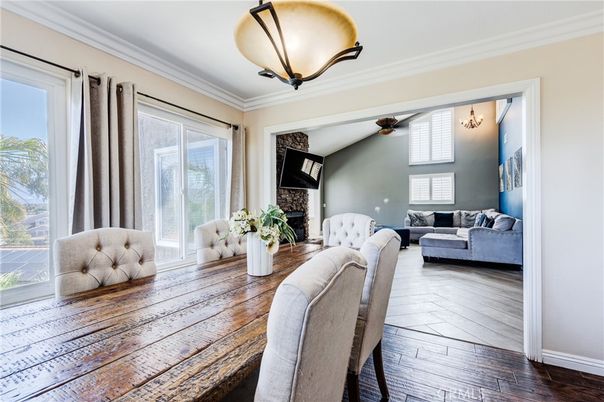 Dining room, Fireplace, Interior, Living room, Wood Texture Flooring