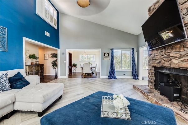 Dining room, Fireplace, Interior, Living room, Pendant Lights, Wood Texture Flooring
