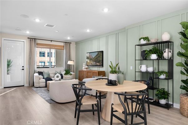 Dining room, Interior, Living room, Recessed Lighting, Wood Texture Flooring