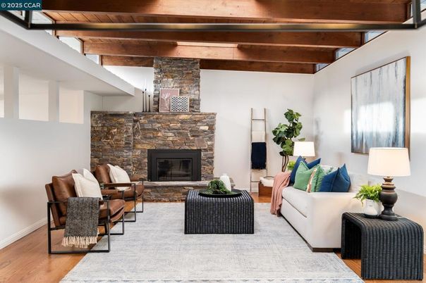 Fireplace, Interior, Living room, Stone Walls, Wooden Beams, Wood Texture Flooring