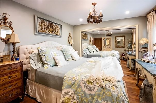 Bedroom, Chandelier, Interior, Recessed Lighting, Wood Texture Flooring