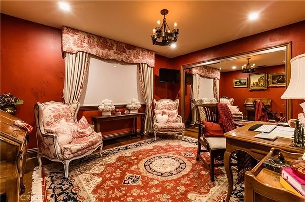 Chandelier, Home Office, Interior, Recessed Lighting, Wood Texture Flooring