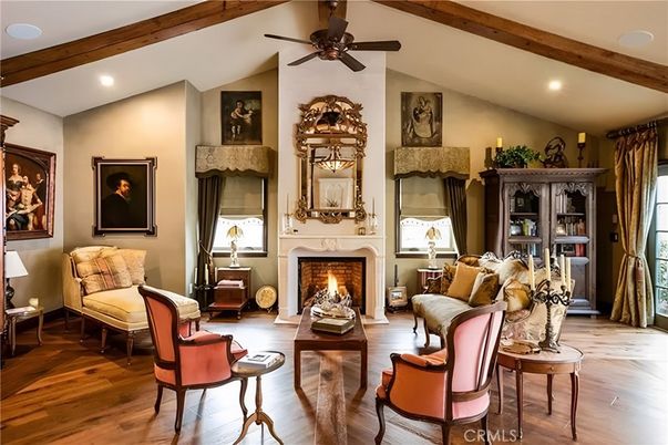 Fireplace, Interior, Living room, Recessed Lighting, Wooden Beams, Wood Texture Flooring