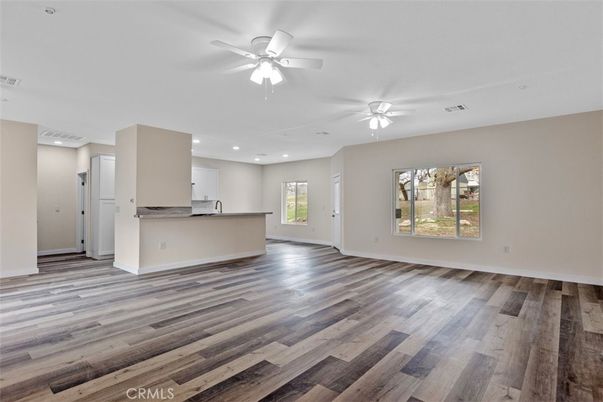 Empty room, Interior, Kitchen, Recessed Lighting, Wood Texture Flooring