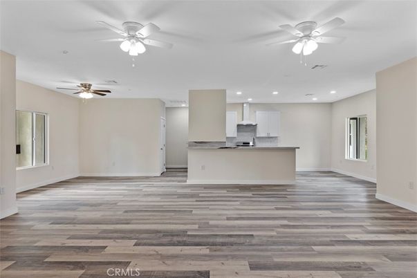 Empty room, Interior, Kitchen, Recessed Lighting, Wood Texture Flooring