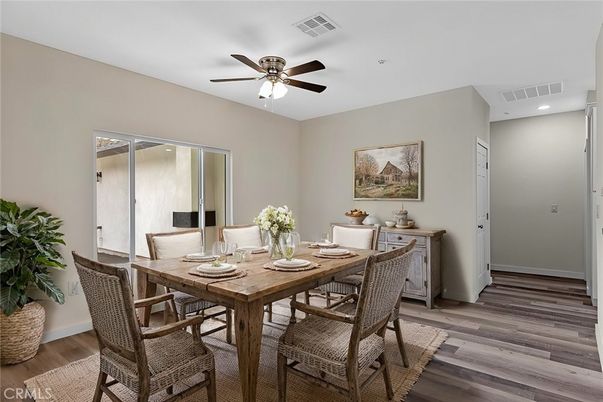 Dining room, Interior, Recessed Lighting, Wood Texture Flooring