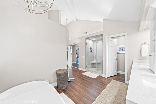 Bathroom, Glass Shower, Interior, Wood Texture Flooring