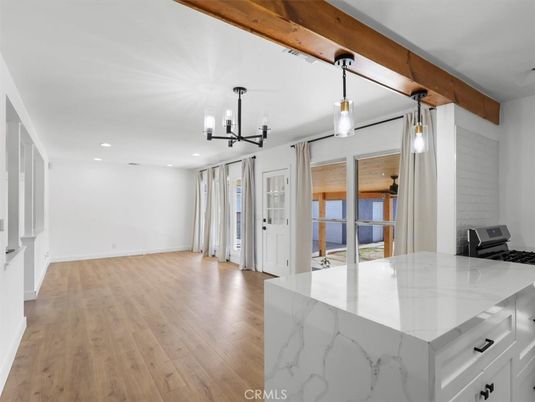 Interior, Kitchen, Pendant Lights, Recessed Lighting, Wooden Beams, Wood Texture Flooring