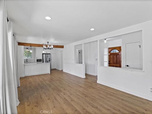 Chandelier, Empty room, Interior, Kitchen, Pendant Lights, Recessed Lighting, Wood Texture Flooring