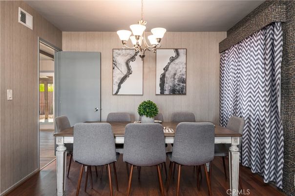 Chandelier, Dining room, Interior, Wood Texture Flooring