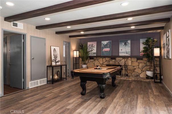 Billiard Table, Game Room, Interior, Recessed Lighting, Wooden Beams, Wood Texture Flooring