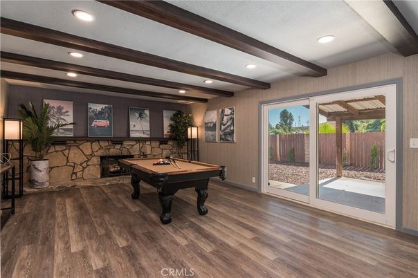 Billiard Table, Fireplace, Game Room, Interior, Recessed Lighting, Wooden Beams, Wood Texture Flooring