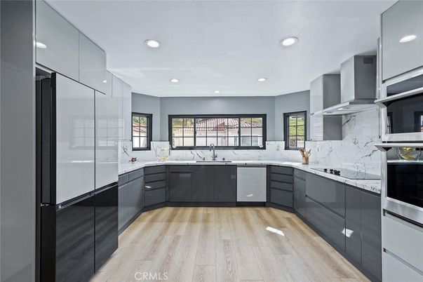 Interior, Kitchen, Marble Walls, Recessed Lighting, Wood Texture Flooring
