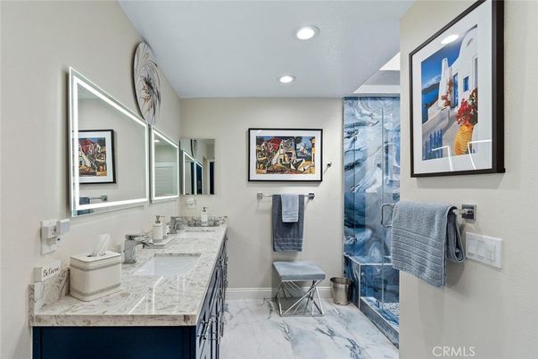 Bathroom, Dual Sink Vanities, Interior, Marble, Recessed Lighting