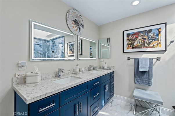Bathroom, Dual Sink Vanities, Interior, Marble, Recessed Lighting