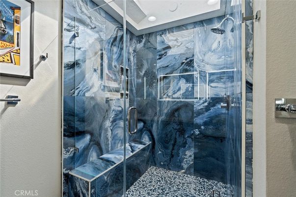 Bathroom, Glass Shower, Interior, Marble Walls, Recessed Lighting