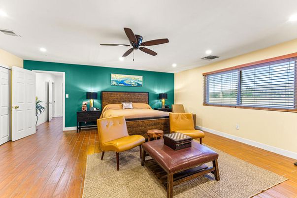 Bedroom, Interior, Recessed Lighting, Wood Texture Flooring