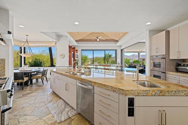 Dining room, Interior, Kitchen, Pendant Lights, Recessed Lighting, Stainless Steel Appliances, Wooden Ceilings