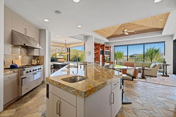 Dining room, Interior, Kitchen, Living room, Pendant Lights, Recessed Lighting, Stainless Steel Appliances, Wooden Ceilings