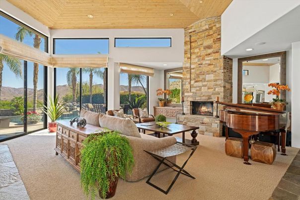 Fireplace, Interior, Living room, Piano, Recessed Lighting, Stone Walls, Wooden Ceilings