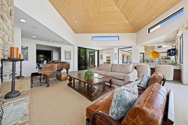 Interior, Living room, Piano, Recessed Lighting, Stone Walls, Wooden Ceilings