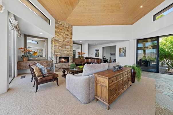 Fireplace, Interior, Living room, Piano, Recessed Lighting, Wooden Ceilings