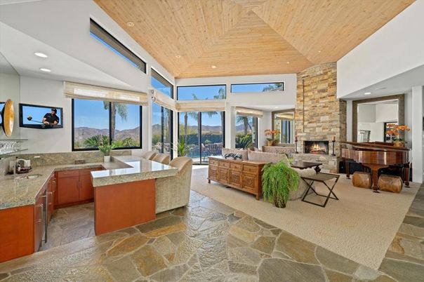 Fireplace, Interior, Living room, Piano, Recessed Lighting, Stone Walls, Wooden Ceilings