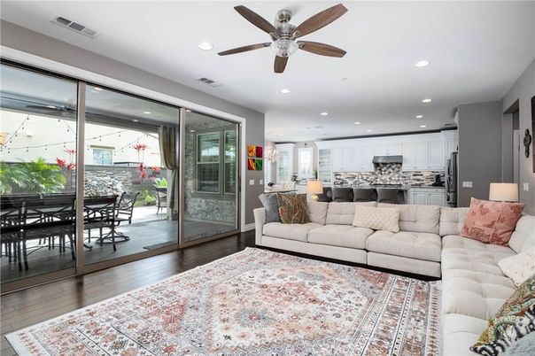 Dining room, Interior, Kitchen, Living room, Recessed Lighting, Stainless Steel Appliances, Wood Texture Flooring
