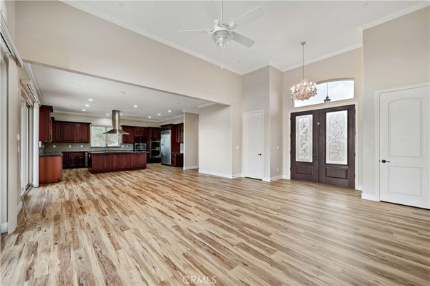 Chandelier, Interior, Kitchen, Recessed Lighting, Stainless Steel Appliances, Wood Texture Flooring